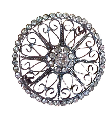 Antique art deco Silver Filigree rhinstone round Brooch