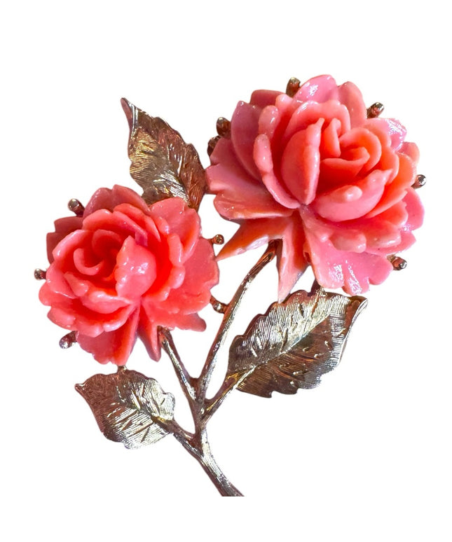 Vintage Carved Lucite Roses Brooch, Elegant Faux Coral Flowers Gold finish