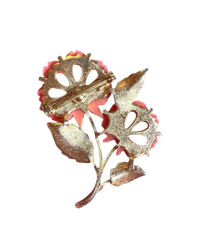 Vintage Carved Lucite Roses Brooch, Elegant Faux Coral Flowers Gold finish