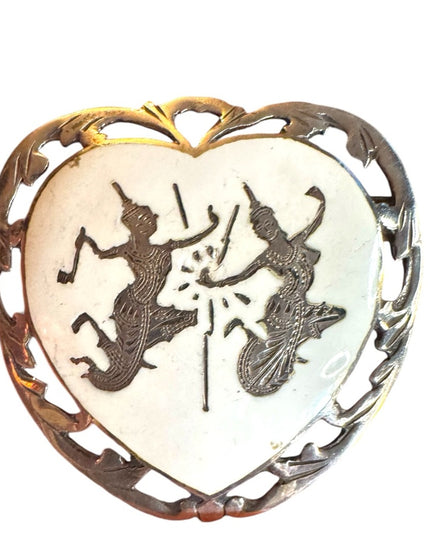 Vintage white enamel Heart-Shaped Brooch w Dancing goddess sterling silver 925