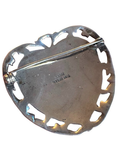 Vintage white enamel Heart-Shaped Brooch w Dancing goddess sterling silver 925