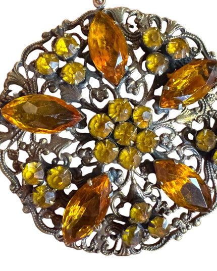 Vintage Amber gold yellow crystal antiqued round flower Pendant
