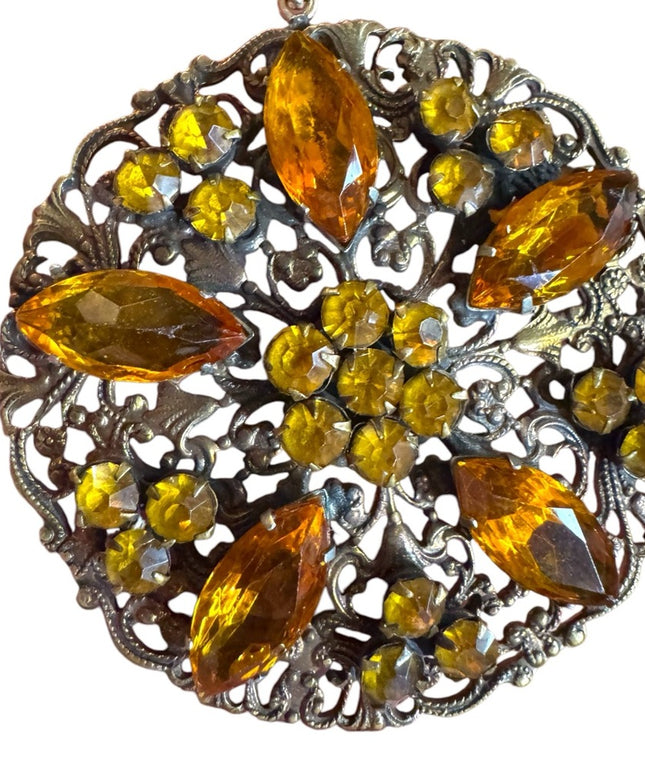 Vintage Amber gold yellow crystal antiqued round flower Pendant