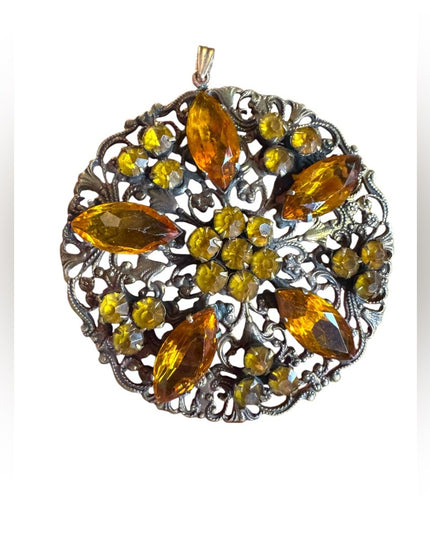 Vintage Amber gold yellow crystal antiqued round flower Pendant