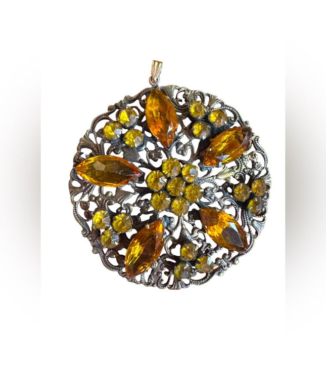 Vintage Amber gold yellow crystal antiqued round flower Pendant