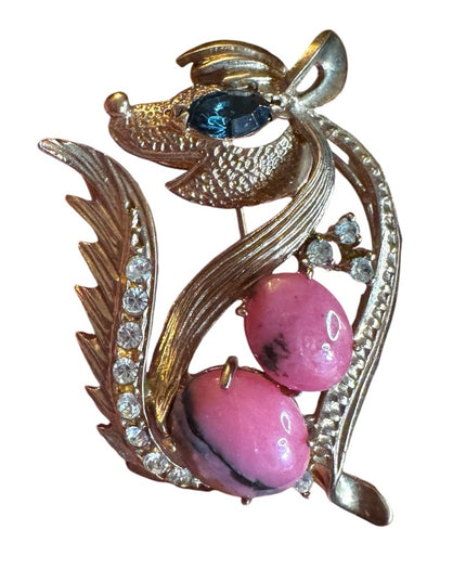 Vintage rhodonite stone & crystal Gold Pink SKUNK Brooch rhinestones
