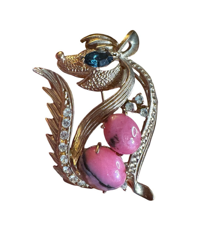 Vintage rhodonite stone & crystal Gold Pink SKUNK Brooch rhinestones