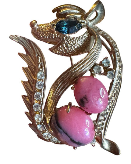 Vintage rhodonite stone & crystal Gold Pink SKUNK Brooch rhinestones