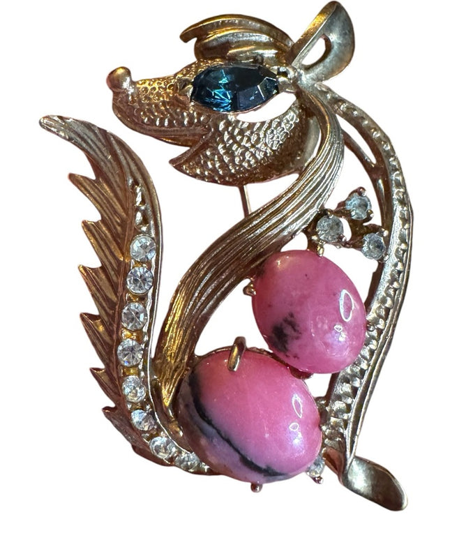 Vintage rhodonite stone & crystal Gold Pink SKUNK Brooch rhinestones