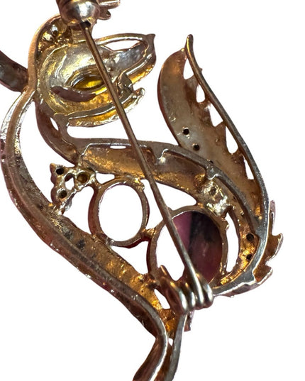 Vintage rhodonite stone & crystal Gold Pink SKUNK Brooch rhinestones