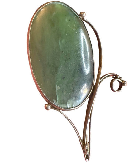 Antique Jadeite Modernist Art Deco Green Stone Brooch gold wash Victorian