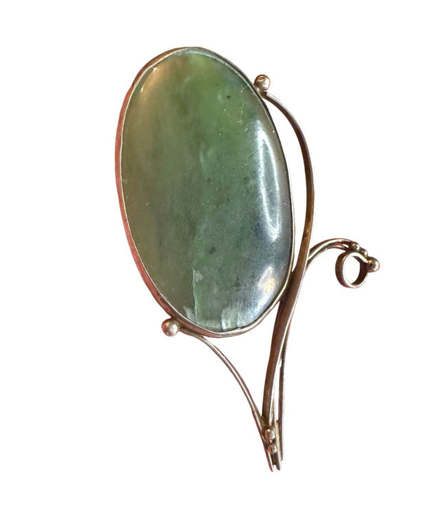 Antique Jadeite Modernist Art Deco Green Stone Brooch gold wash Victorian