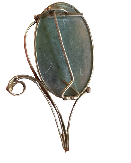 Antique Jadeite Modernist Art Deco Green Stone Brooch gold wash Victorian