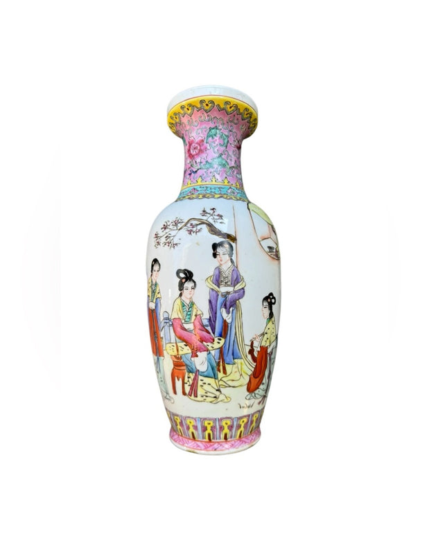 Art Chinese Porcelain Vintage Family Rose Vase Polychrome Women in the Garden