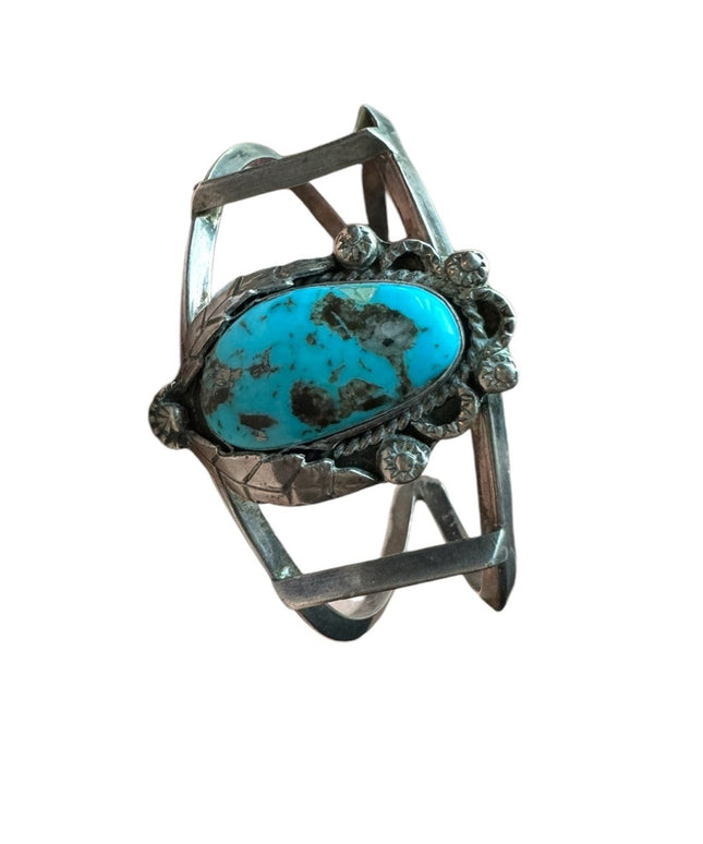 VINTAGE NATIVE AMERICAN NAVAJO BLUE GEM TURQUOISE STERLING SILVER BRACELET