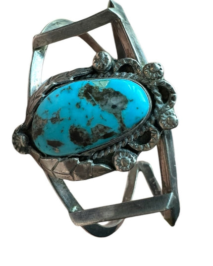 VINTAGE NATIVE AMERICAN NAVAJO BLUE GEM TURQUOISE STERLING SILVER BRACELET