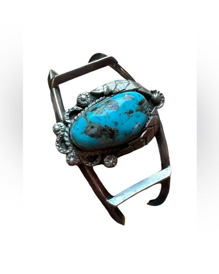 VINTAGE NATIVE AMERICAN NAVAJO BLUE GEM TURQUOISE STERLING SILVER BRACELET