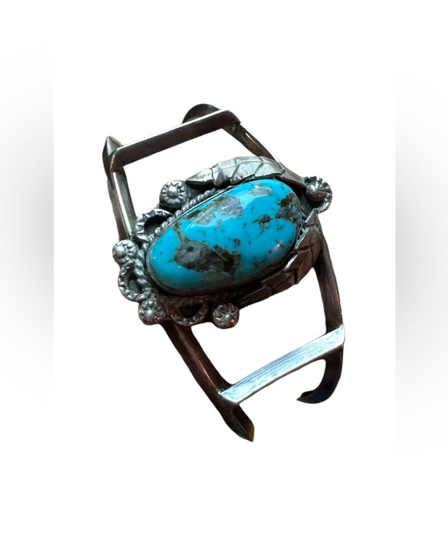 VINTAGE NATIVE AMERICAN NAVAJO BLUE GEM TURQUOISE STERLING SILVER BRACELET