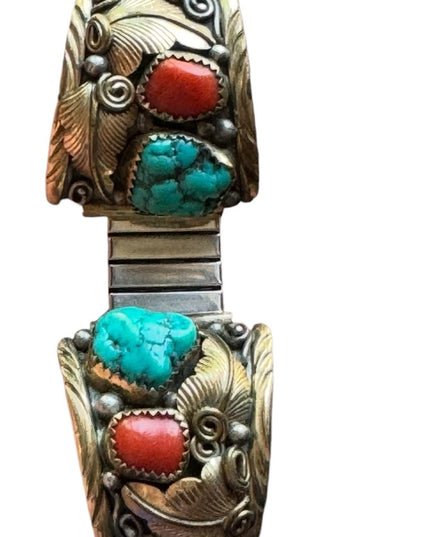 VTG 1970s Old Pawn NAVAJO Turquoise-Coral Men's Watchband EJ 12k Gold Sterling