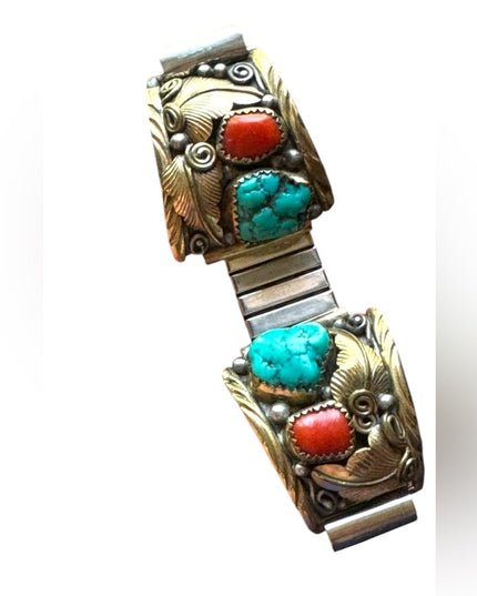 VTG 1970s Old Pawn NAVAJO Turquoise-Coral Men's Watchband EJ 12k Gold Sterling