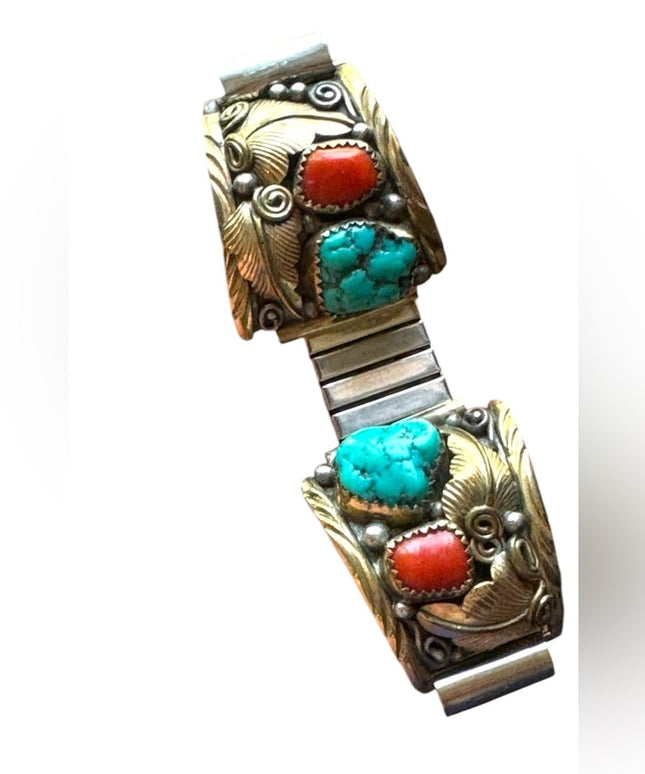 VTG 1970s Old Pawn NAVAJO Turquoise-Coral Men's Watchband EJ 12k Gold Sterling