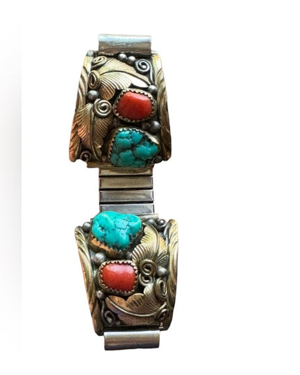 VTG 1970s Old Pawn NAVAJO Turquoise-Coral Men's Watchband EJ 12k Gold Sterling