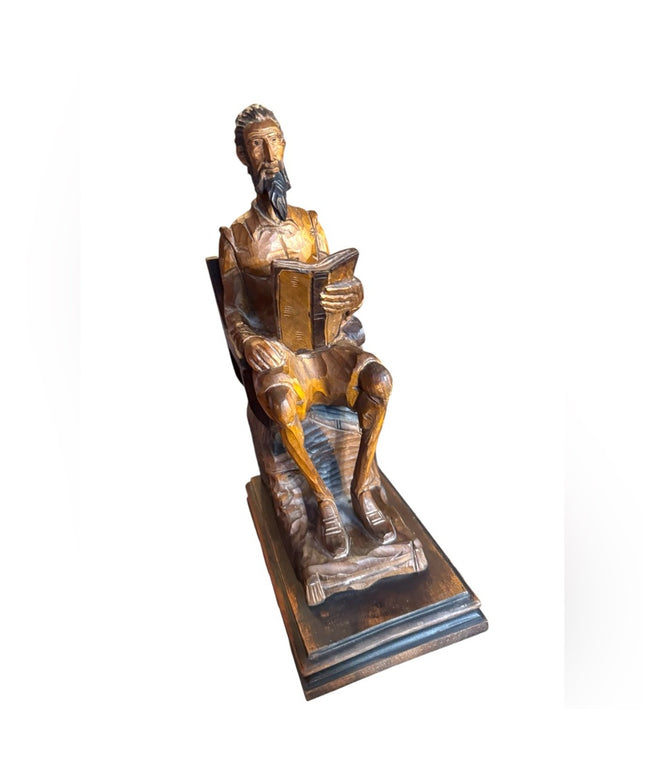 Antique Hand Carved Wooden Don Quixote Solid wood Sculpt Seated Reader bookend