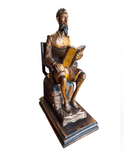 Antique Hand Carved Wooden Don Quixote Solid wood Sculpt Seated Reader bookend