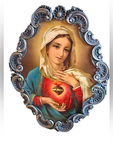 Antique silver Sacred Heart of Mary print 1920s Decorative ornate leaf frame