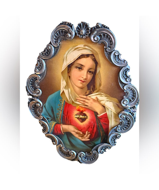 Antique silver Sacred Heart of Mary print 1920s Decorative ornate leaf frame