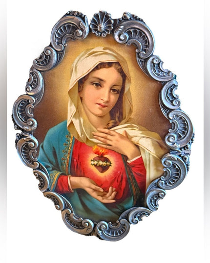 Antique silver Sacred Heart of Mary print 1920s Decorative ornate leaf frame