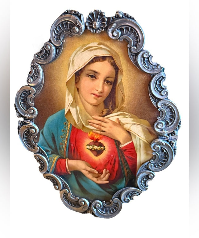 Antique silver Sacred Heart of Mary print 1920s Decorative ornate leaf frame