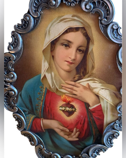 Antique silver Sacred Heart of Mary print 1920s Decorative ornate leaf frame