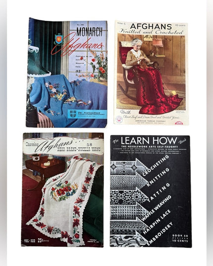 Vintage & Antique Crochet and Knitting AFGHAN Pattern Book LOT Collection 4 pcs