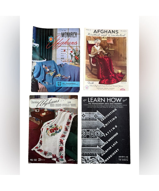 Vintage & Antique Crochet and Knitting AFGHAN Pattern Book LOT Collection 4 pcs
