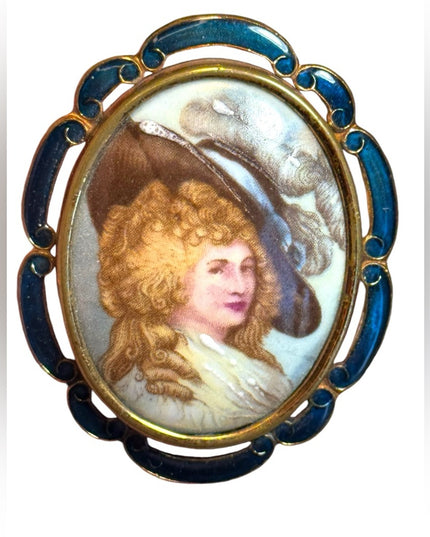 Antique Thomas L. Mott Brooch / Pendant, Hand Enamelled Painted C.1930s gold