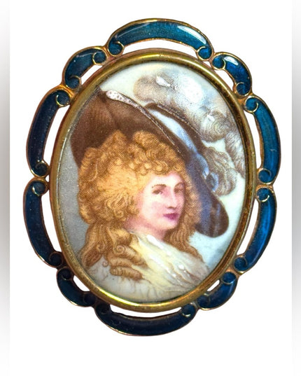 Antique Thomas L. Mott Brooch / Pendant, Hand Enamelled Painted C.1930s gold