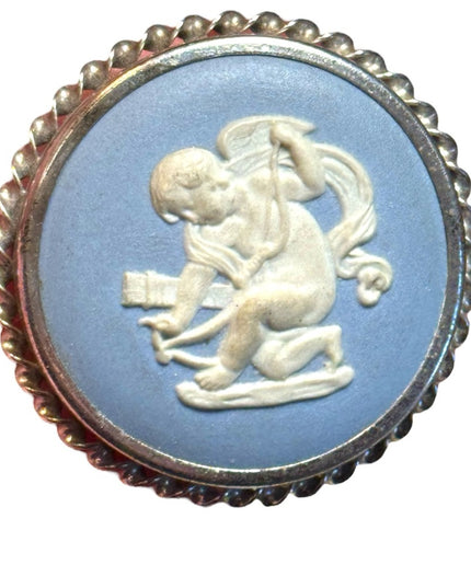 Vintage Wedgwood Blue Cameo angel ceramic round Brooch
