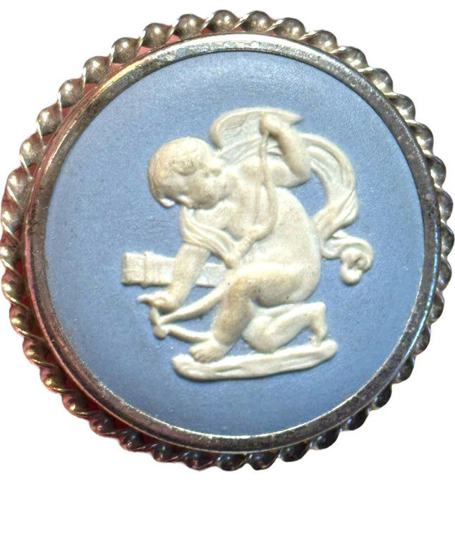 Vintage Wedgwood Blue Cameo angel ceramic round Brooch
