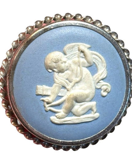 Vintage Wedgwood Blue Cameo angel ceramic round Brooch