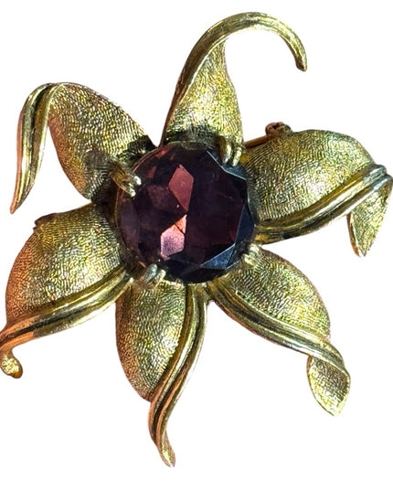 Vintage Large Gold Floral Brooch with Purple Gem crystal