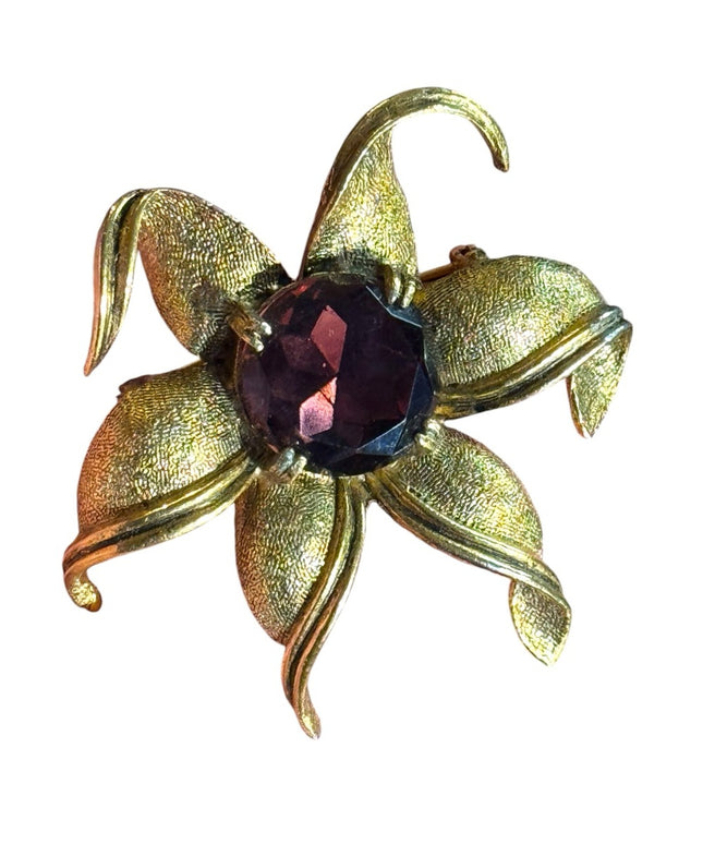 Vintage Large Gold Floral Brooch with Purple Gem crystal