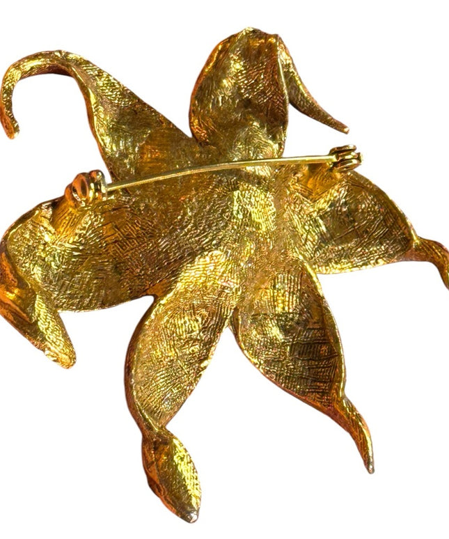 Vintage Large Gold Floral Brooch with Purple Gem crystal