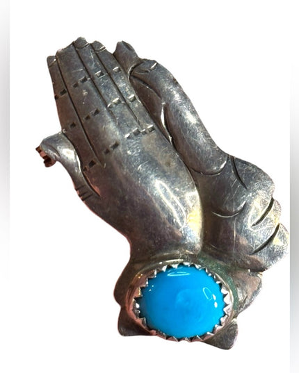 Vintage  N Curley Southwestern sterling Silver Hands praying Turquoise brooch
