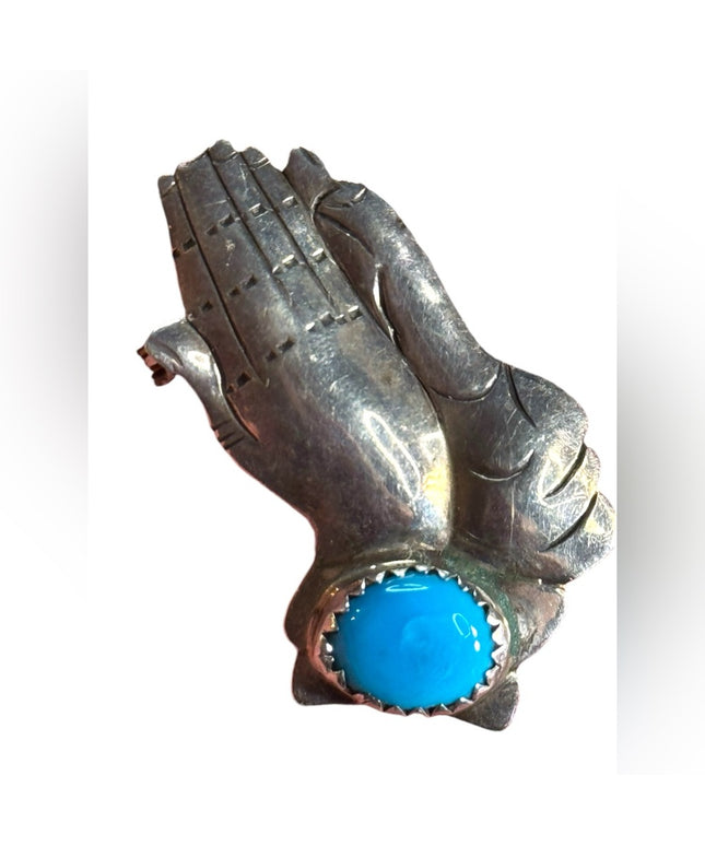 Vintage  N Curley Southwestern sterling Silver Hands praying Turquoise brooch