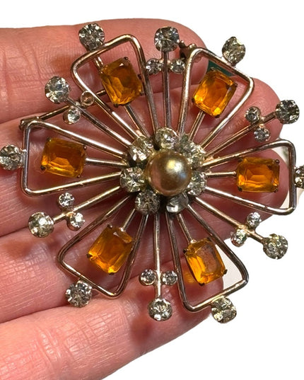 Vintage rose gold plated sterling silver Amber Rhinestone Brooch