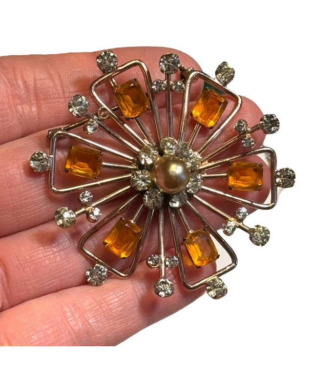 Vintage rose gold plated sterling silver Amber Rhinestone Brooch