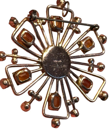 Vintage rose gold plated sterling silver Amber Rhinestone Brooch