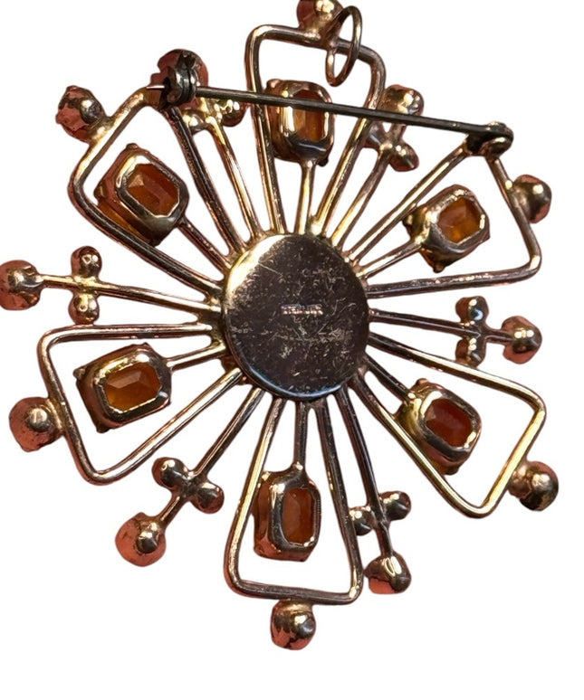 Vintage rose gold plated sterling silver Amber Rhinestone Brooch