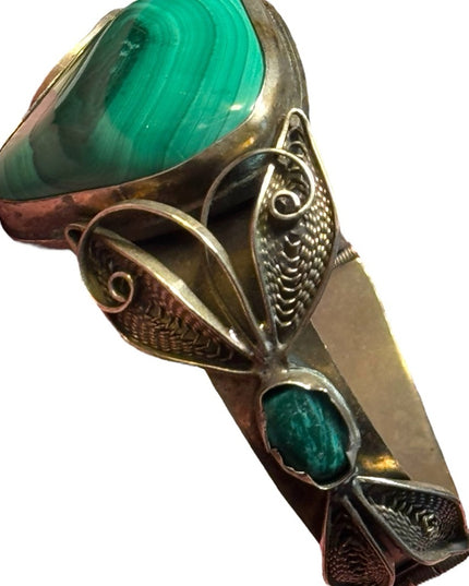 Vintage mid century filagree Green Malachite Statement Bracelet hinged  bangle